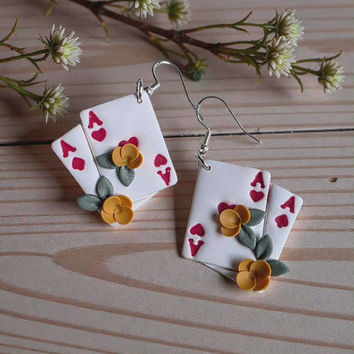 Ace of Hearts Floral Playing Card Earrings