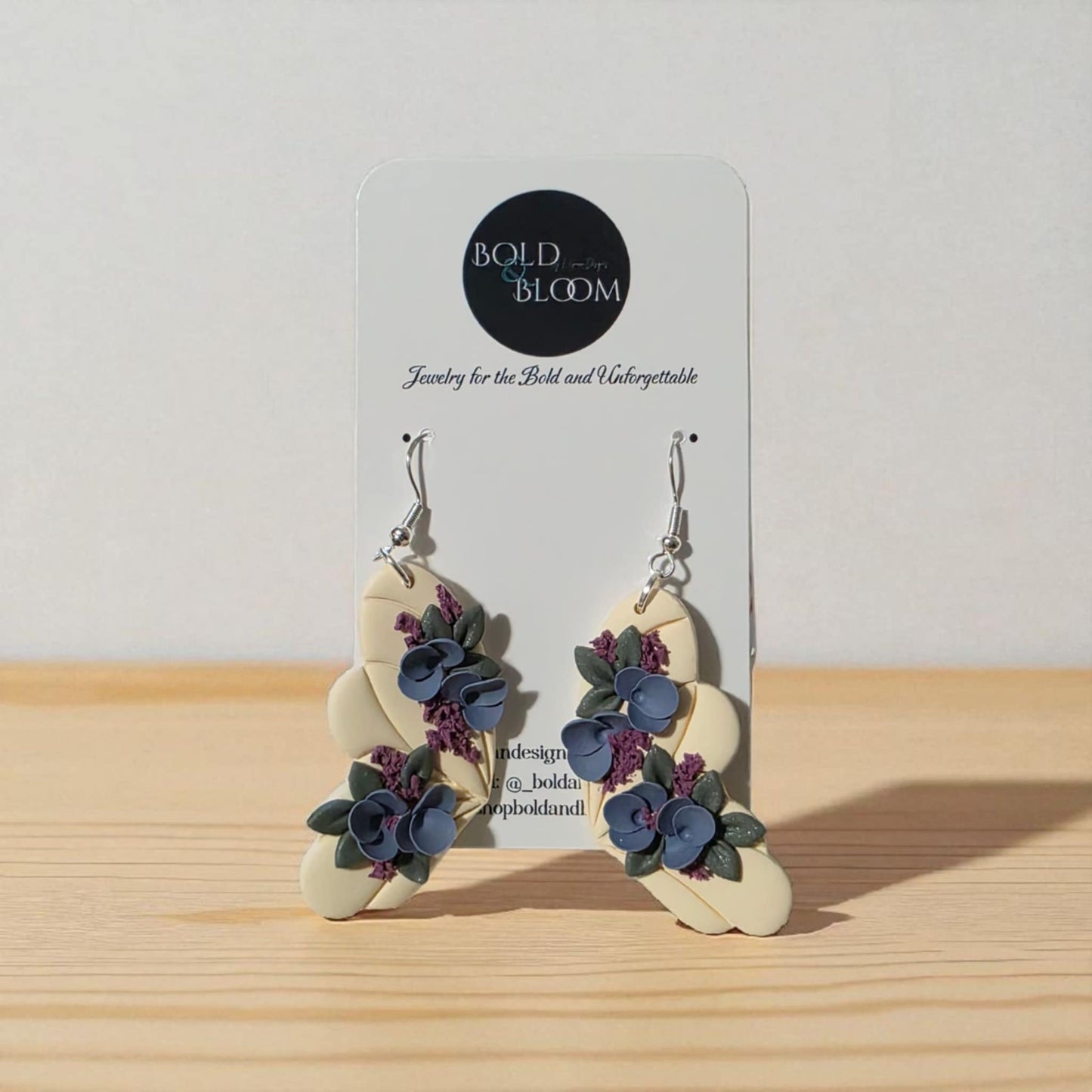 Cream Butterfly Earrings with Blue & Purple Florals
