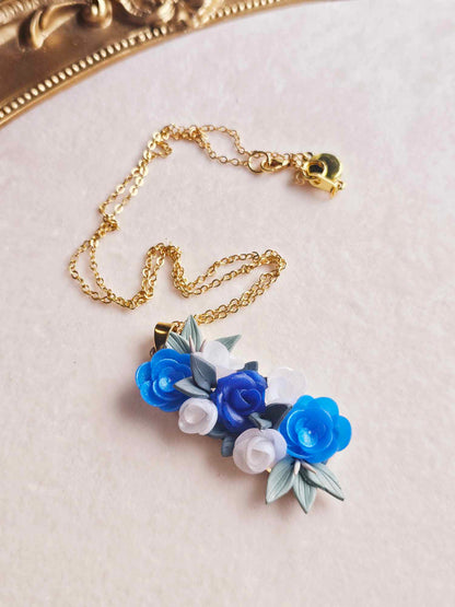 Blooming blue rose pendant necklace