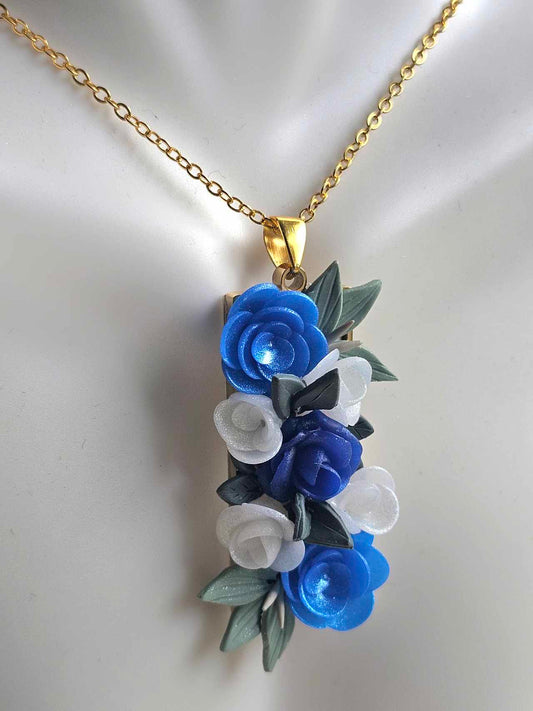 Blooming blue rose pendant necklace