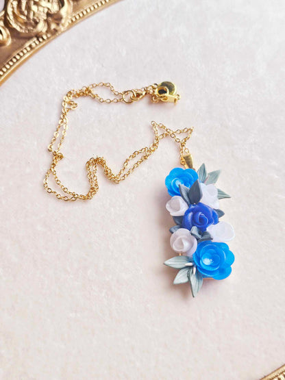 Blooming blue rose pendant necklace