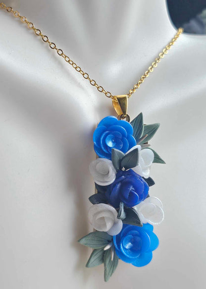 Blooming blue rose pendant necklace