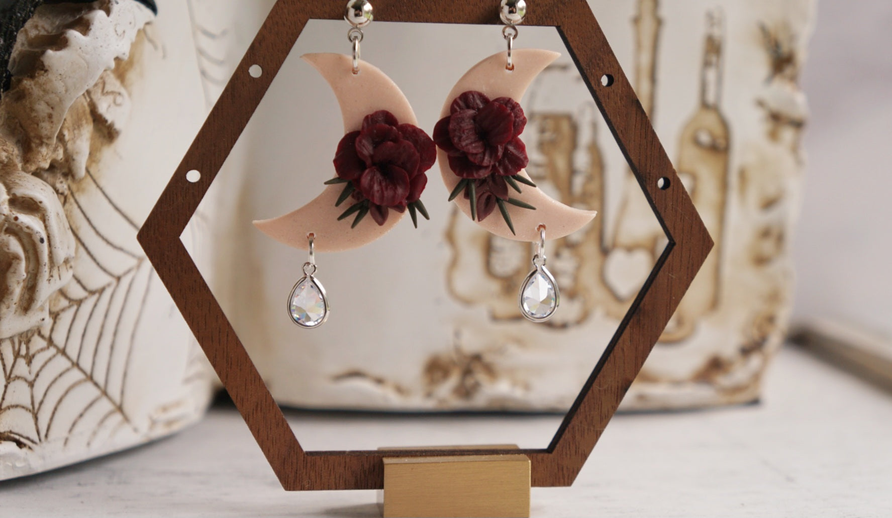 White floral moon dangles image 4