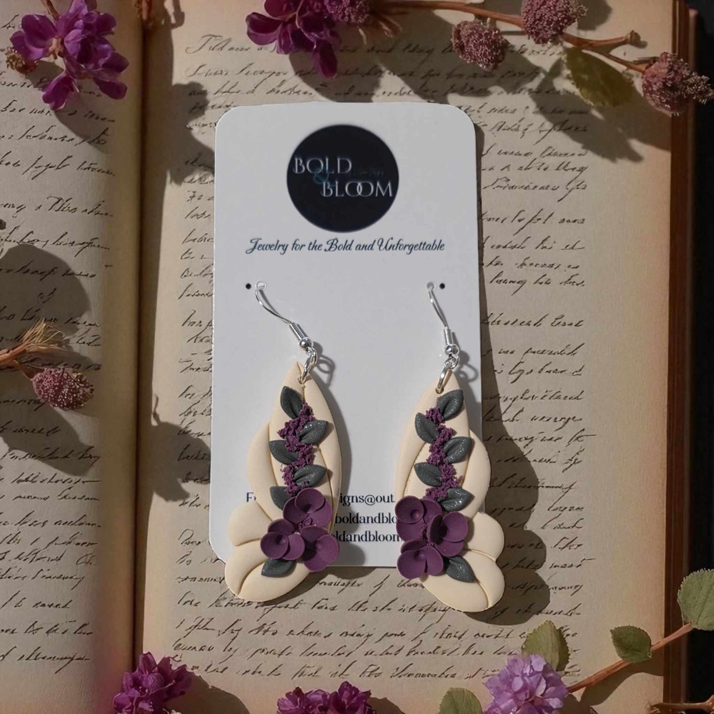 Cream Butterfly Earrings with Lilac Florals