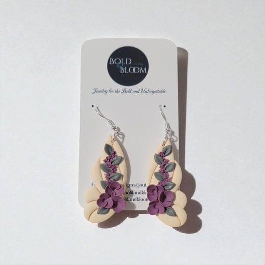 Cream Butterfly Earrings with Lilac Florals