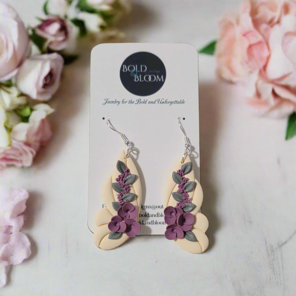 Cream Butterfly Earrings with Lilac Florals