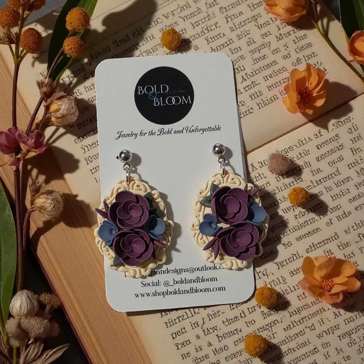 Victorian Floral Earrings Purple & Blue Blossoms