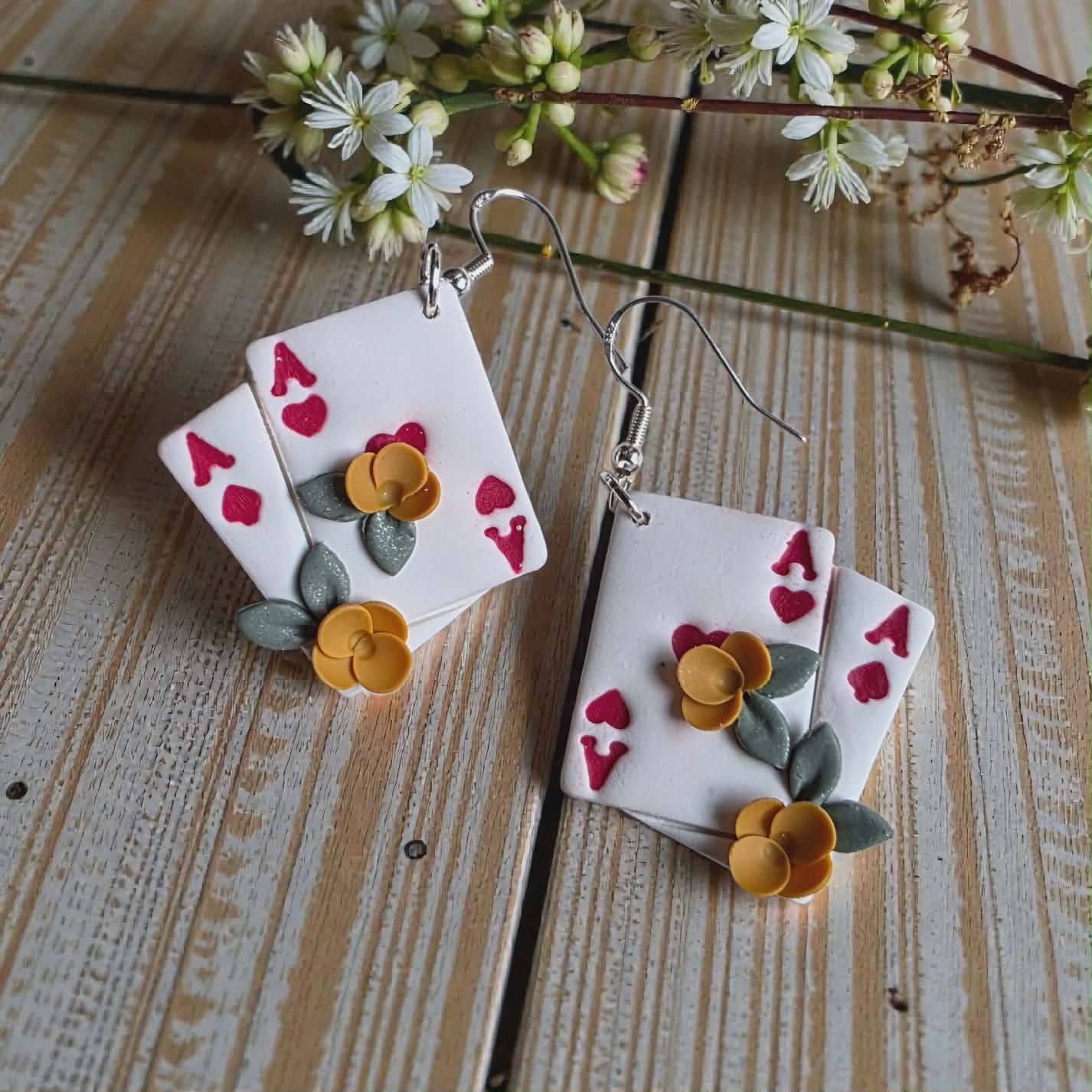 Ace of Hearts Floral Playing Card Earrings