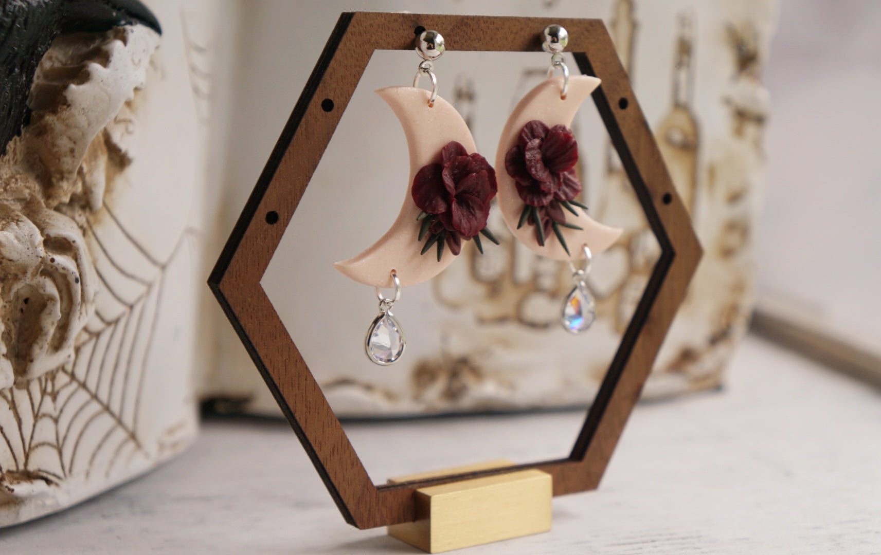 White floral moon dangles image 1