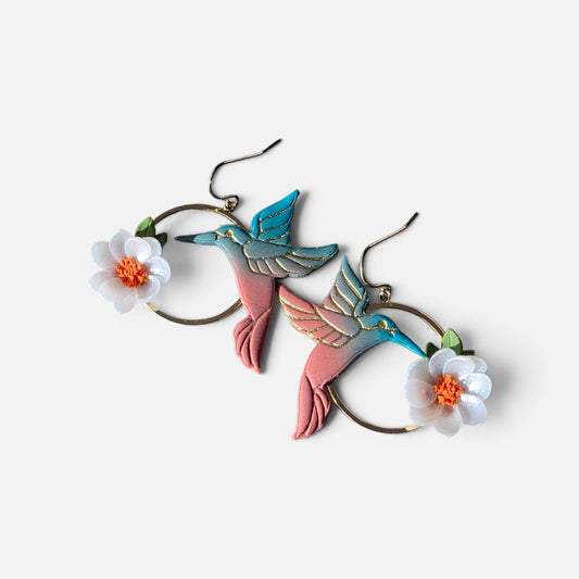 Petals in Flight | Handcrafted Hummingbird & Floral Hoop Earrings