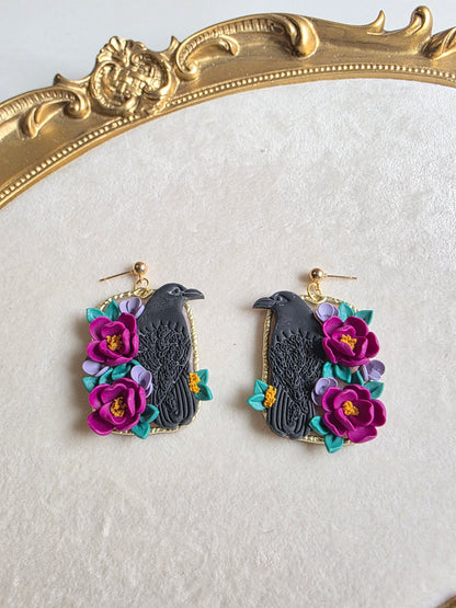 Wild Bloom Raven Dangle Earrings with floral design
