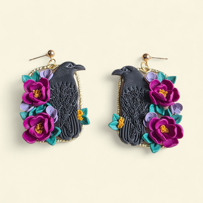 Wild Bloom Raven Dangle Earrings with floral design