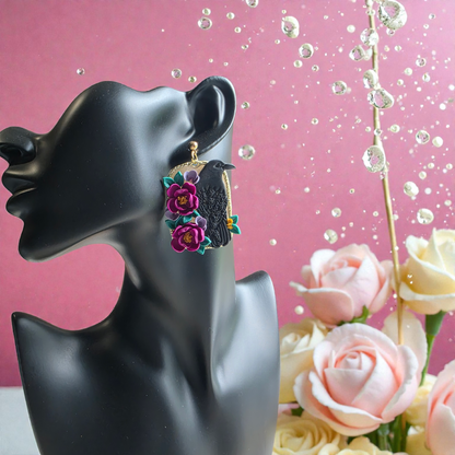 Wild Bloom Raven Dangle Earrings with floral design