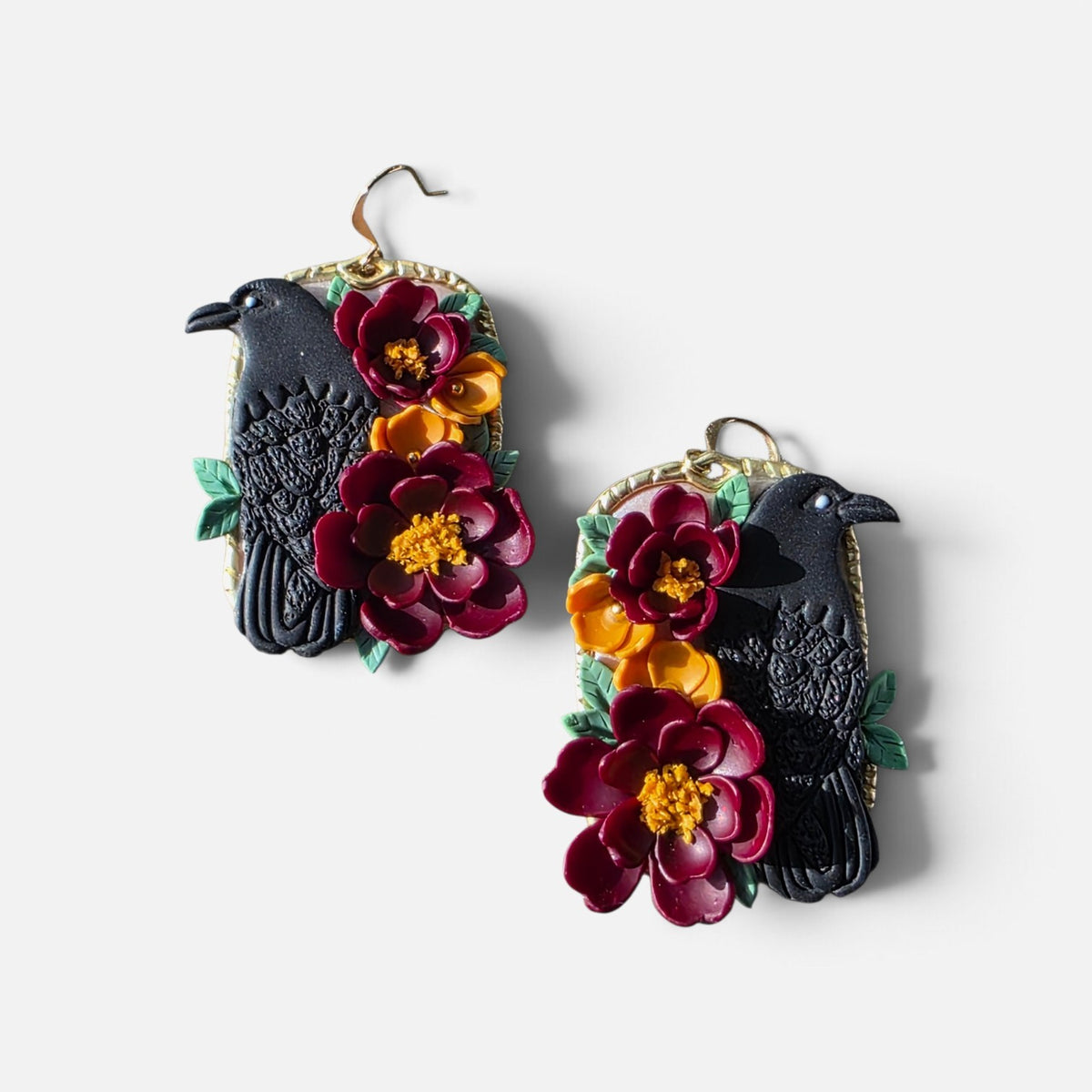 Crimson Raven | Handcrafted Raven & Floral Statement Earrings