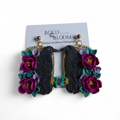 Wild Bloom Raven Dangle Earrings with floral design