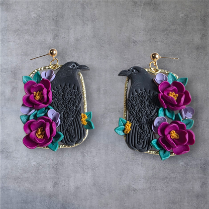 Wild Bloom Raven Dangle Earrings with floral design