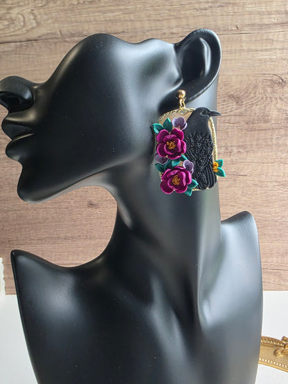 Wild Bloom Raven Dangle Earrings with floral design