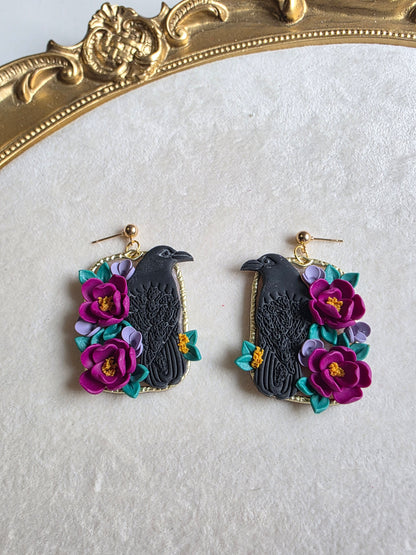 Wild Bloom Raven Dangle Earrings with floral design