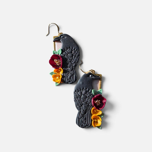 Midnight Reverie | Handcrafted Raven & Floral Statement Earrings